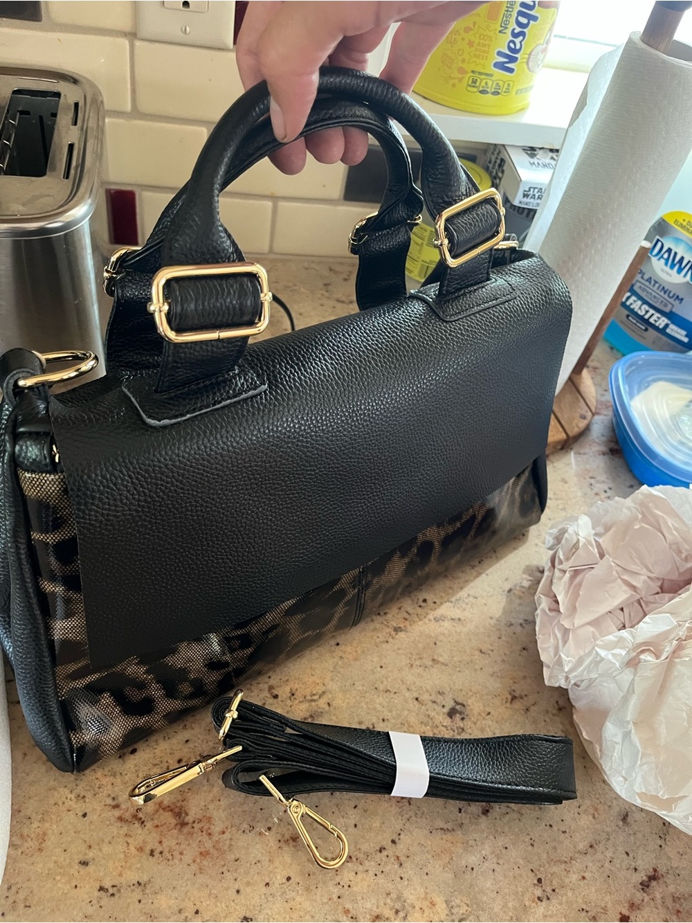 Black Leopard Accent Structured Satchel - Women Bags